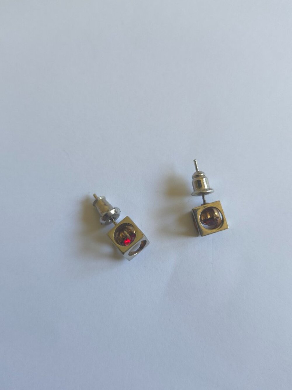 Vintage Geometric Silverā Cube Stud Earrings, Open Cage Floating Red Ruby